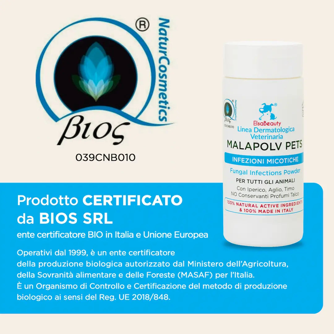 Malapolv Pets con attivi antimicotici e lenitivi contro malassezia e micosi è un prodotto Certificato BIOS srl