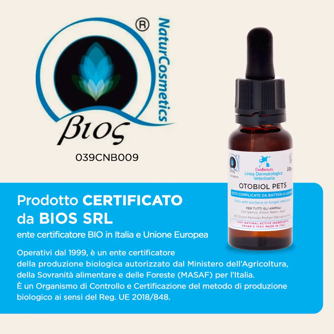 Otobiol Pets con attivi antibatterici e antimicotici per le orecchie è un prodotto Certificato BIOS srl