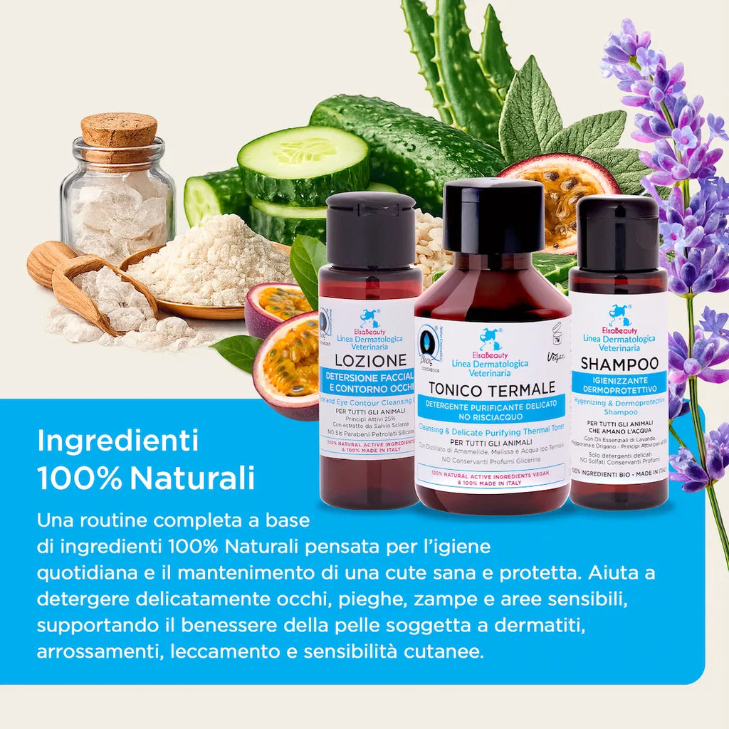 Ingredienti biologici e naturali del KIT igiene quotidiana per la cura della pelle di cane e gatto