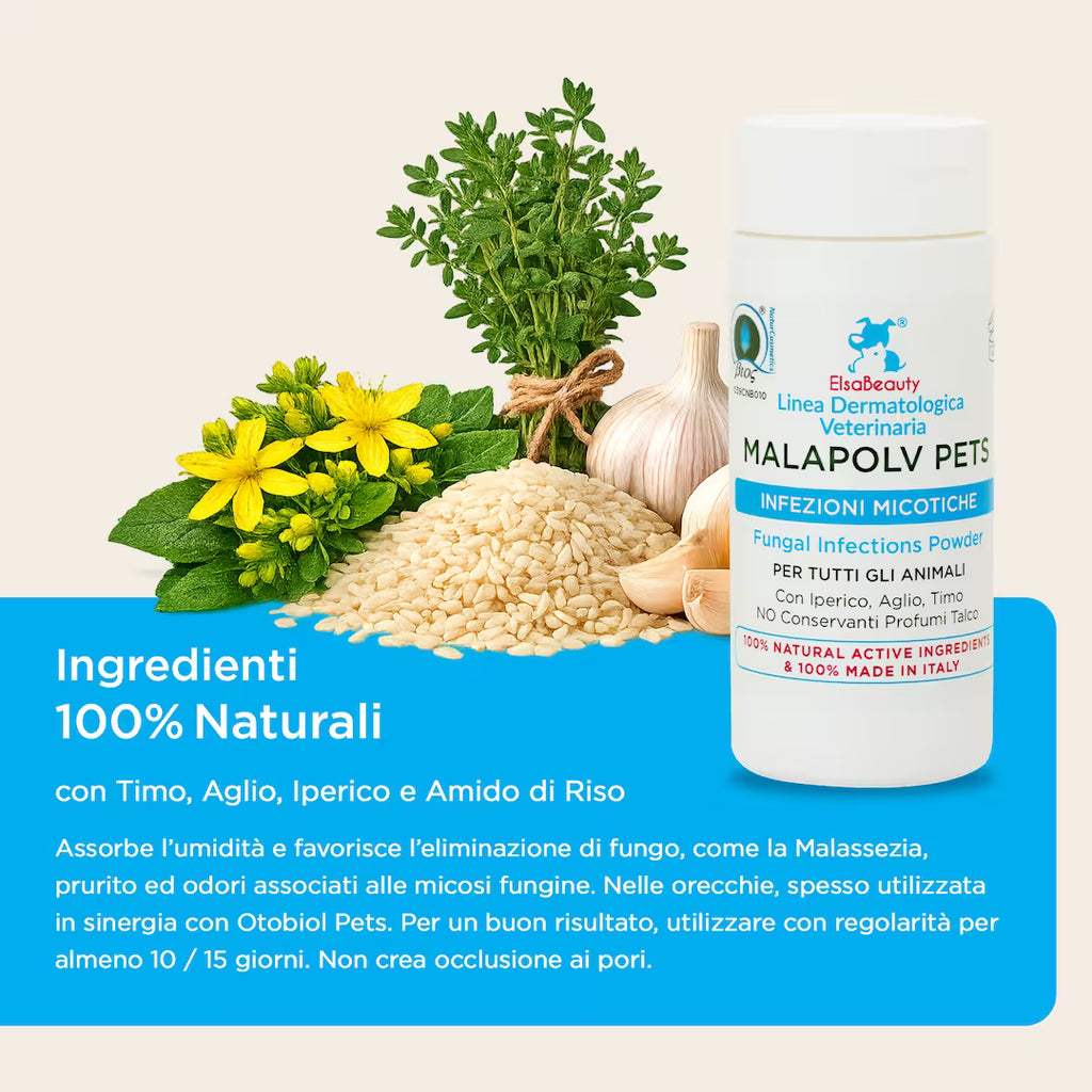 Ingredienti naturali di Malapolv Pets con attivi antimicotici e lenitivi contro malassezia e micosi