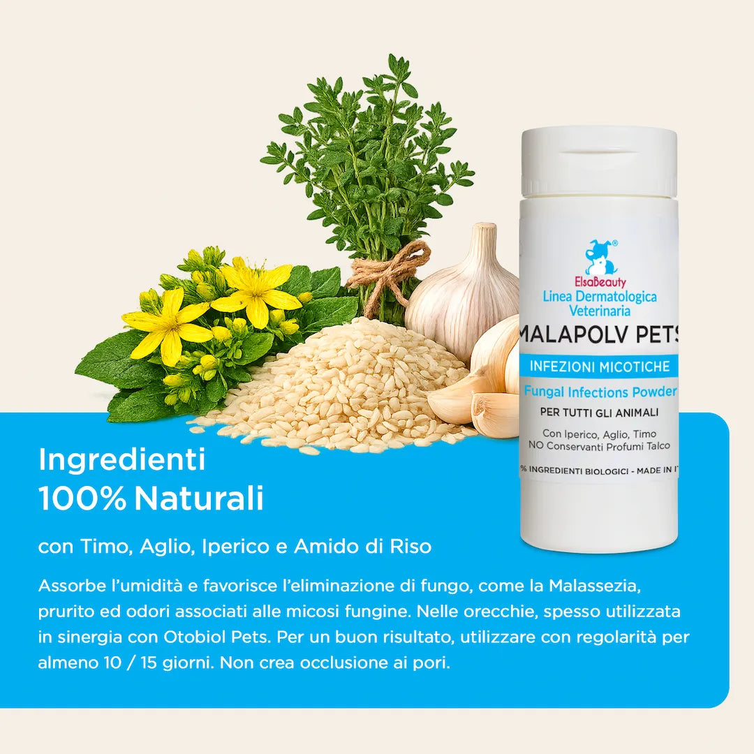 Ingredienti antifungini naturali di Malapolv Pets con timo, iperico e papaina ElsaBeauty
