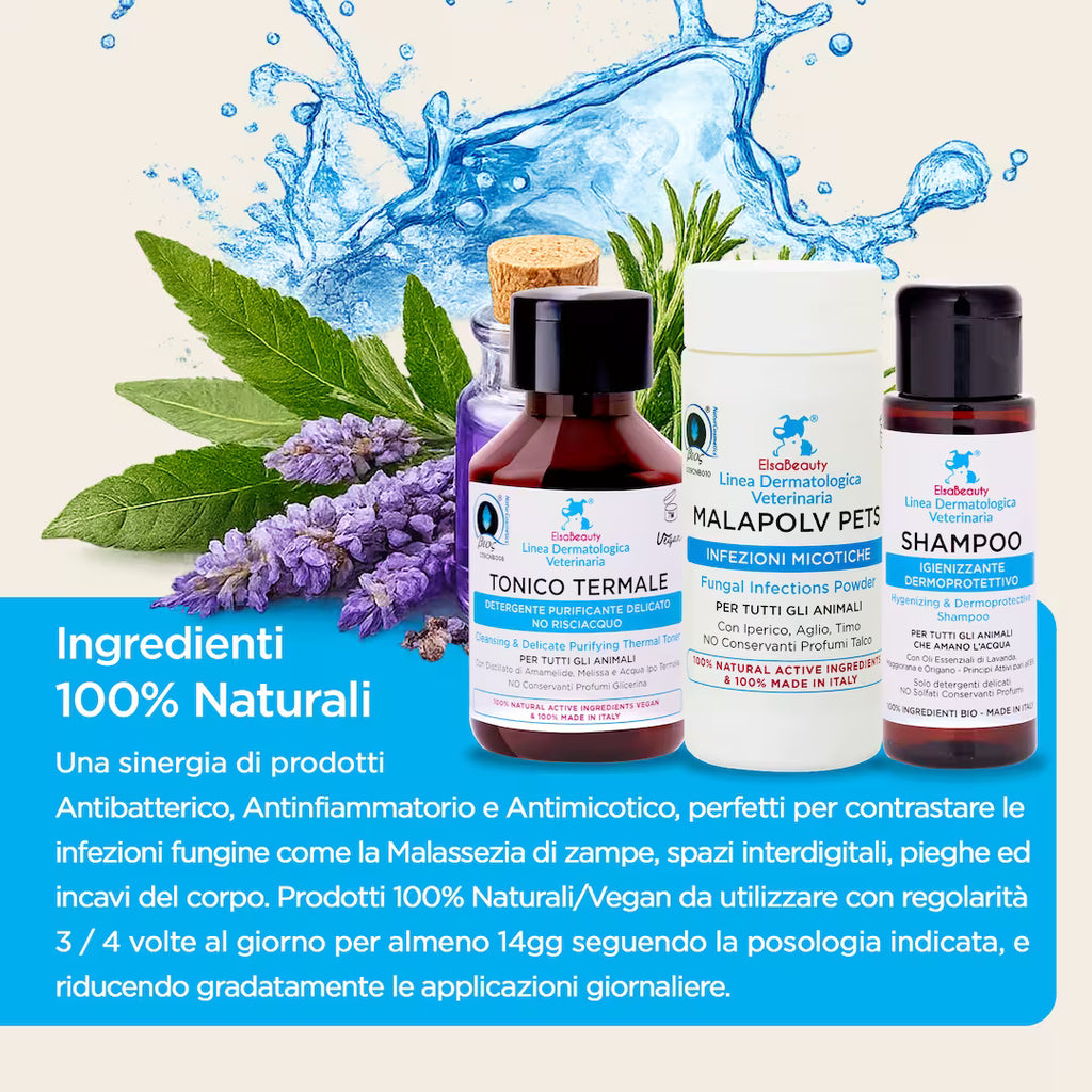 Ingredienti naturali del KIT Malassezia Corpo per cane e gatto con attivi antimicotici e lenitivi