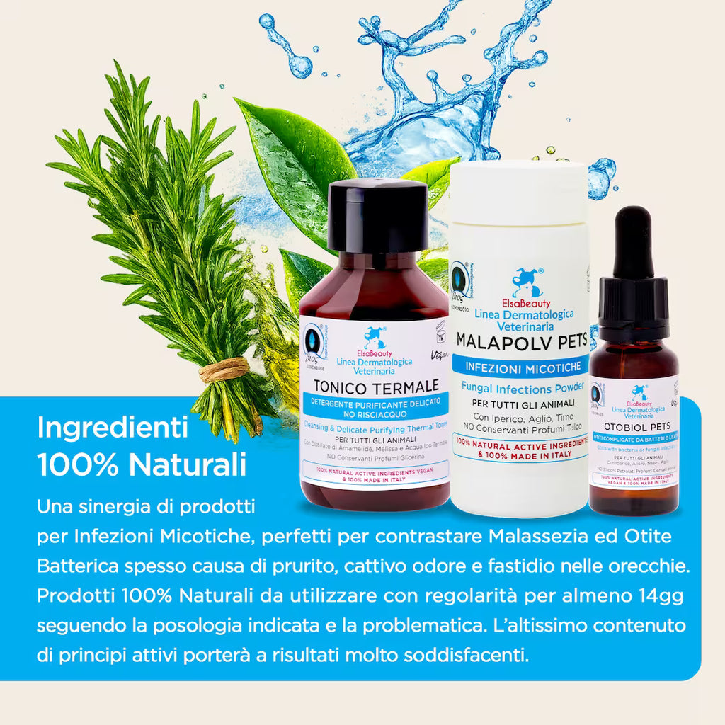 Ingredienti naturali del KIT Otite e Malassezia Orecchie per cane e gatto con attivi purificanti e lenitivi