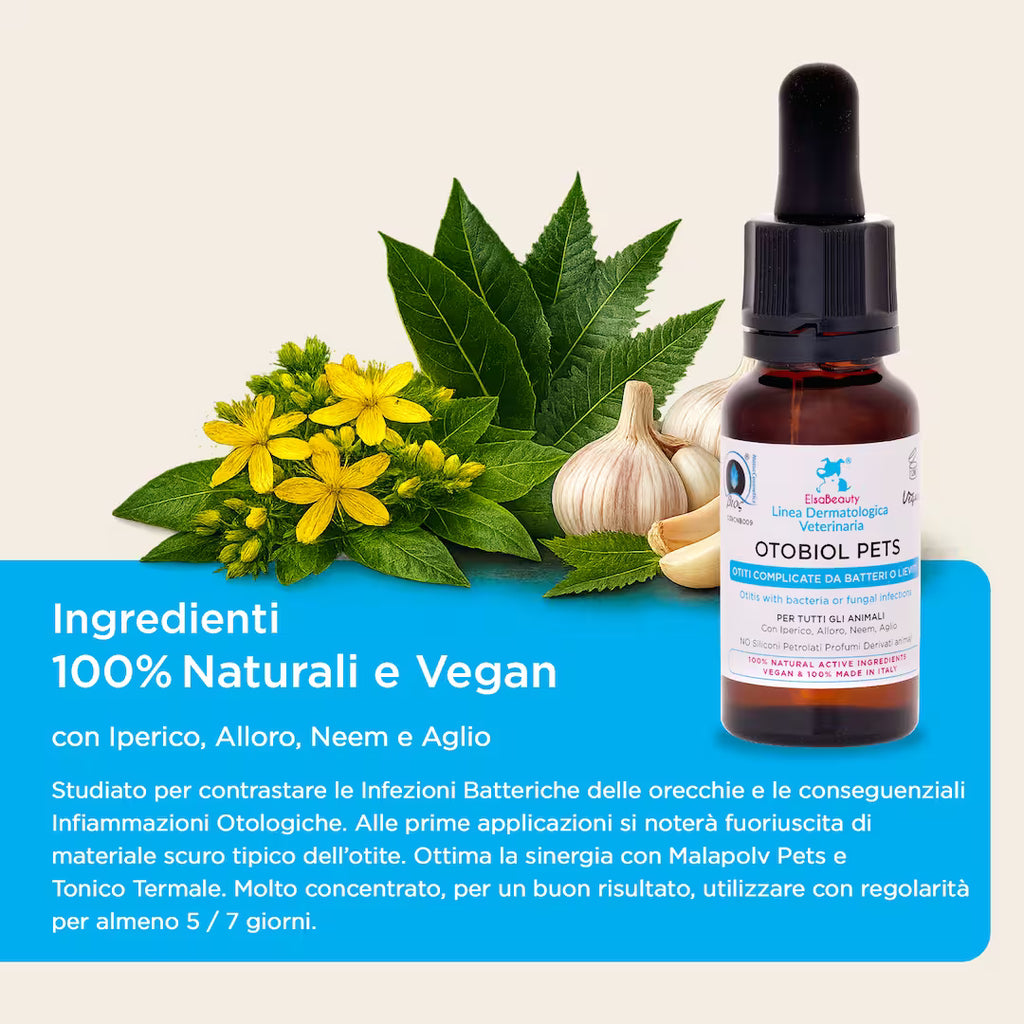 Ingredienti naturali di Otobiol Pets con attivi antibatterici e antimicotici per le orecchie