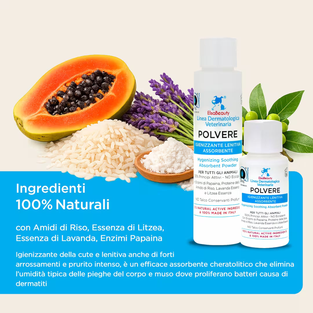 Ingredienti naturali della Polvere Igienizzante Lenitiva con amido di riso, papaina e lavanda