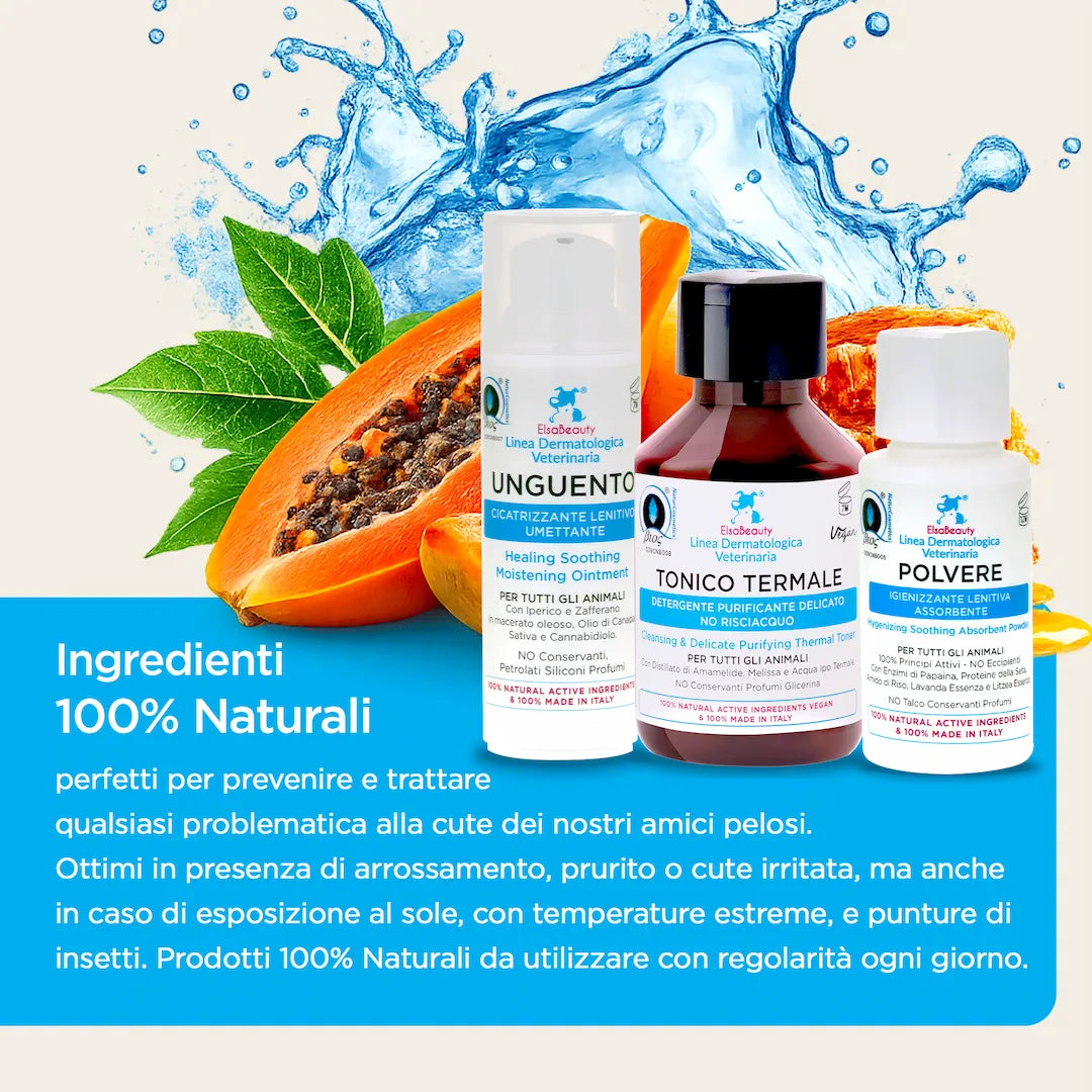 Ingredienti naturali del KIT SOS Cute per cane e gatto con principi attivi lenitivi e riequilibranti