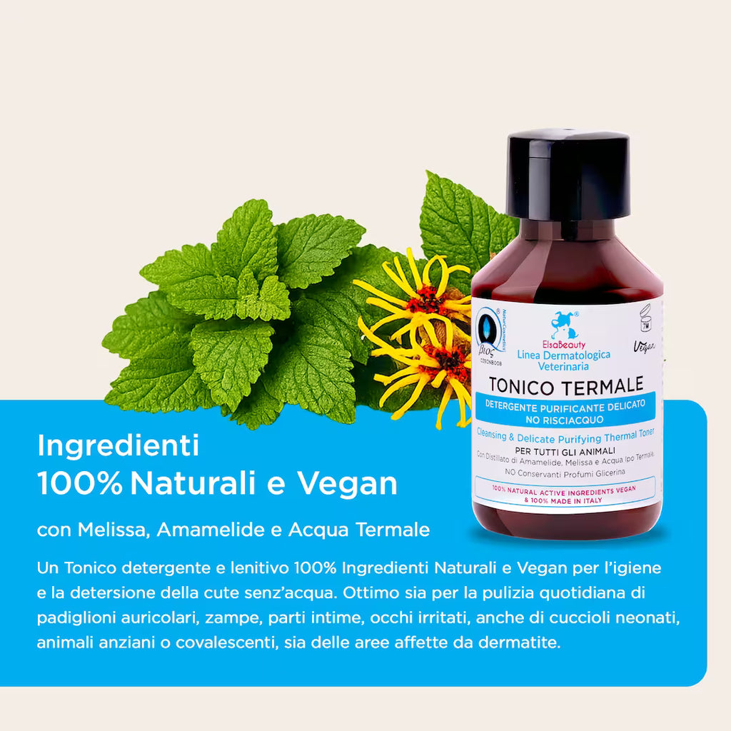 Ingredienti naturali del Tonico Termale con acqua ipotermale, melissa e amamelide