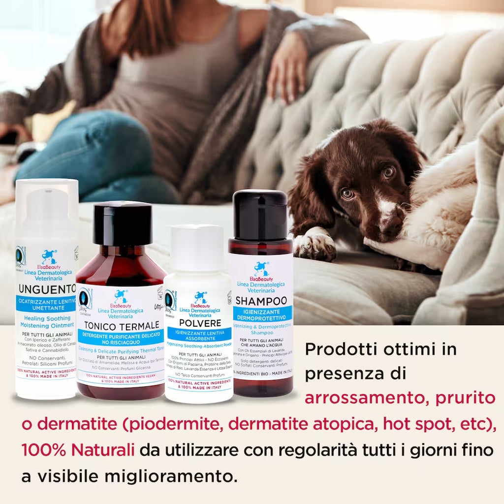 Applicazione del KIT Dermatite ElsaBeauty per alleviare prurito e irritazioni cutanee nel cane e gatto