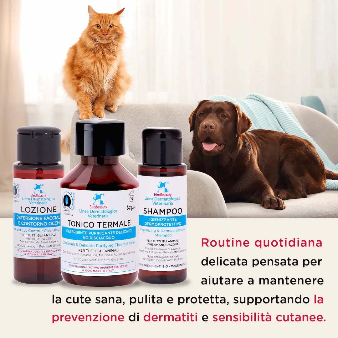 Routine quotidiana di igiene per cane e gatto con prodotti naturali ElsaBeauty per pelle e pelo