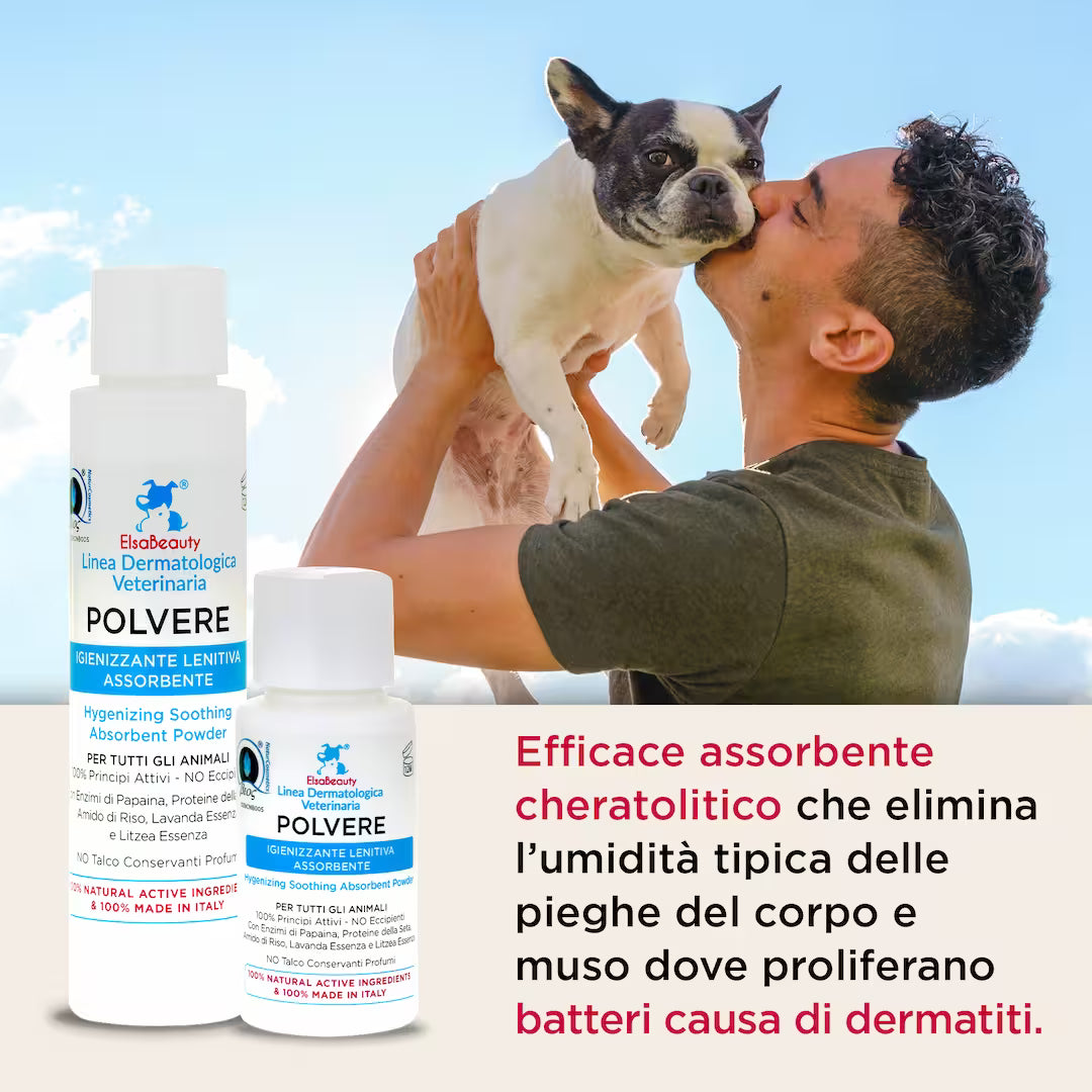 Applicazione della Polvere Igienizzante Lenitiva sulle aree irritate e soggette a prurito di cane e gatto