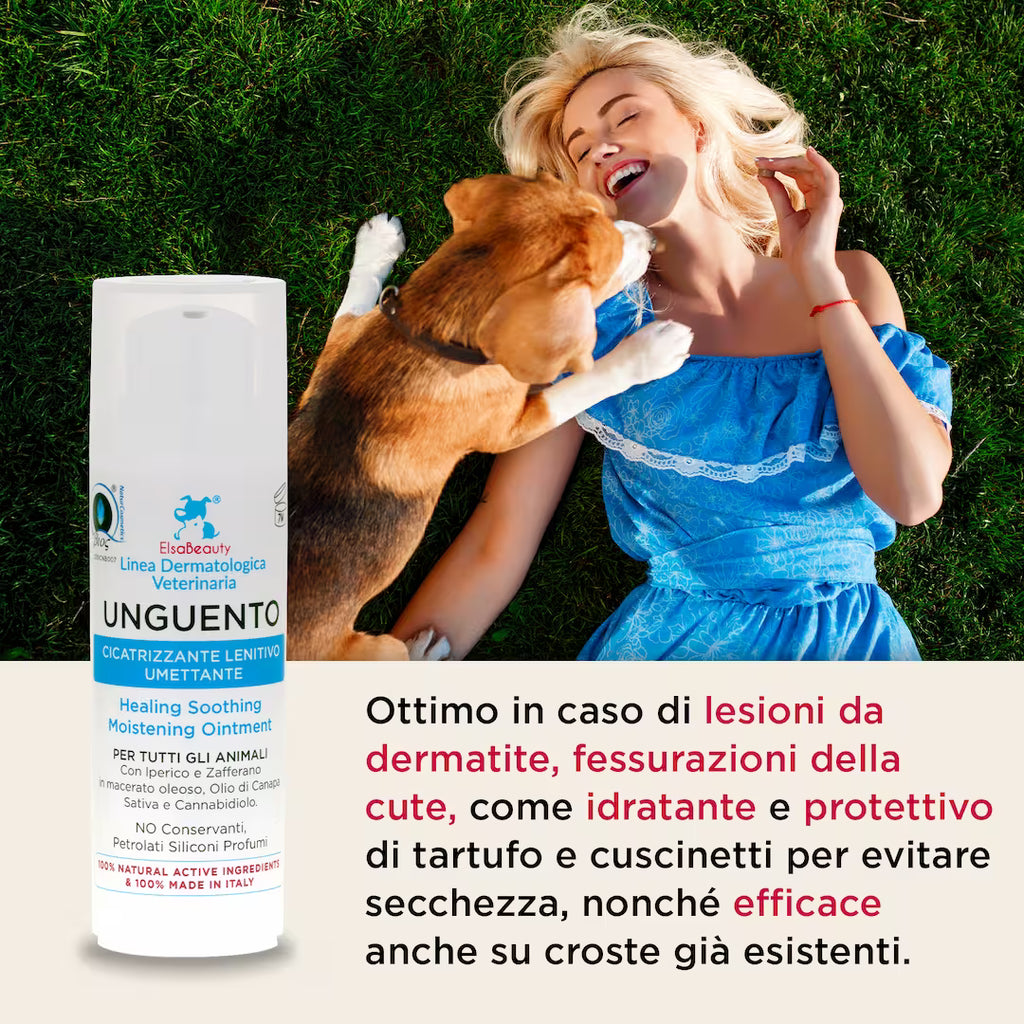 Applicazione dell'Unguento Cicatrizzante su zampe, tartufo e cute irritata di cane e gatto