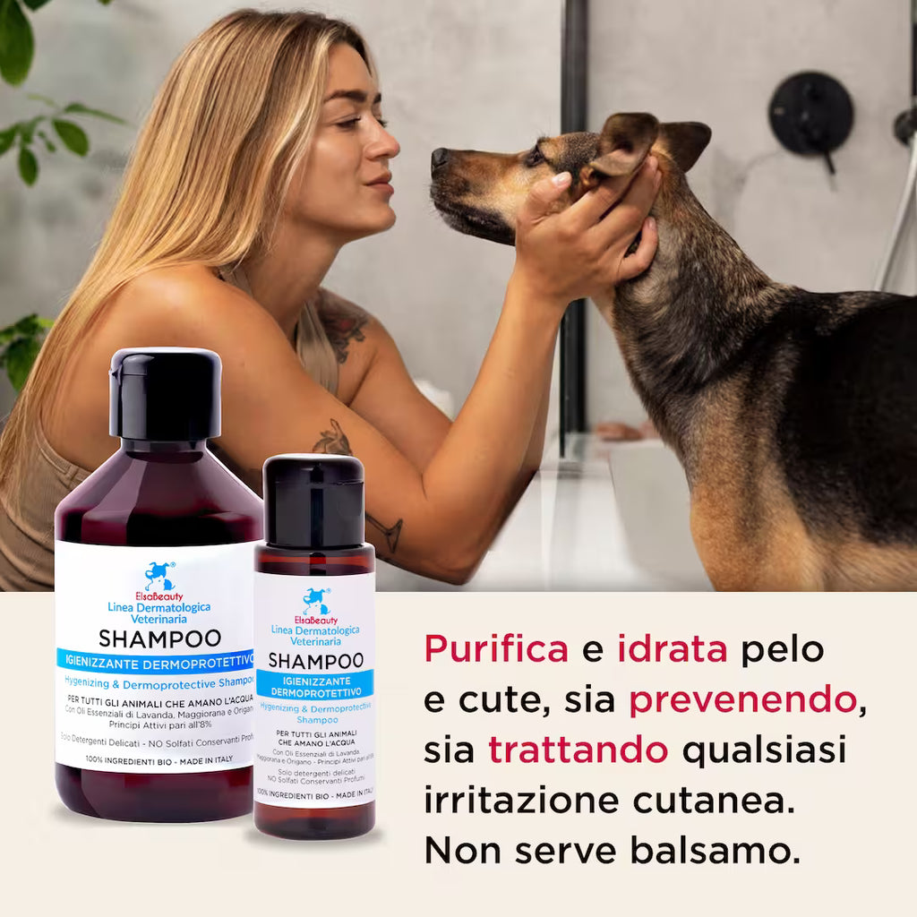 Applicazione dello Shampoo Igienizzante Dermoprotettivo durante il lavaggio di cane con pelle sensibile