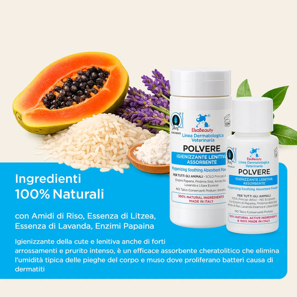 Ingredienti naturali della Polvere Igienizzante Lenitiva con amido di riso, papaina e lavanda