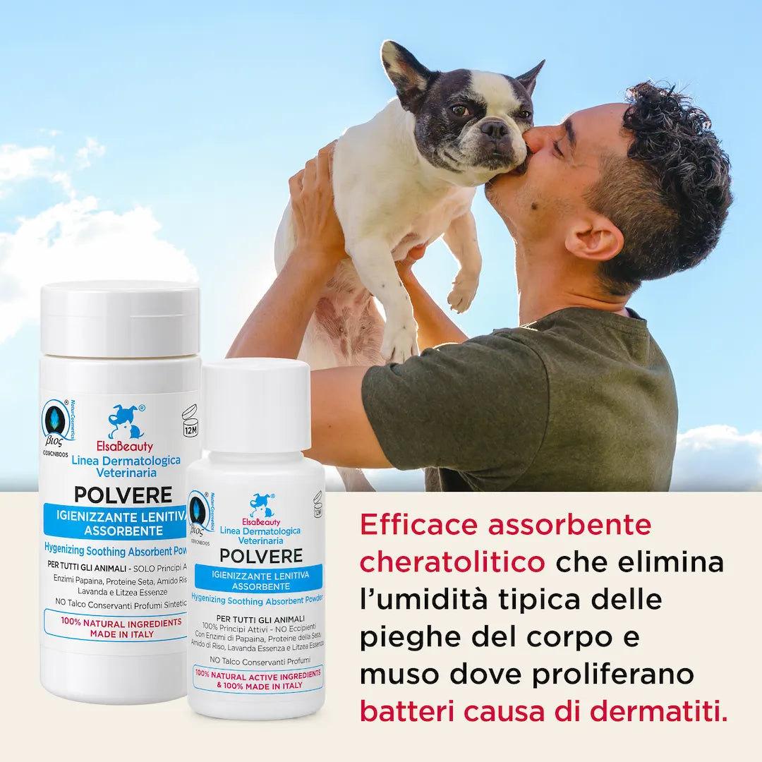 Applicazione della Polvere Igienizzante Lenitiva sulle aree irritate e soggette a prurito di cane e gatto