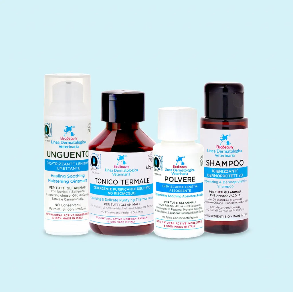 KIT DERMATITE CANE E GATTO - shampoo tonico polvere unguento - ElsaBeauty prodotti per cane e gatto