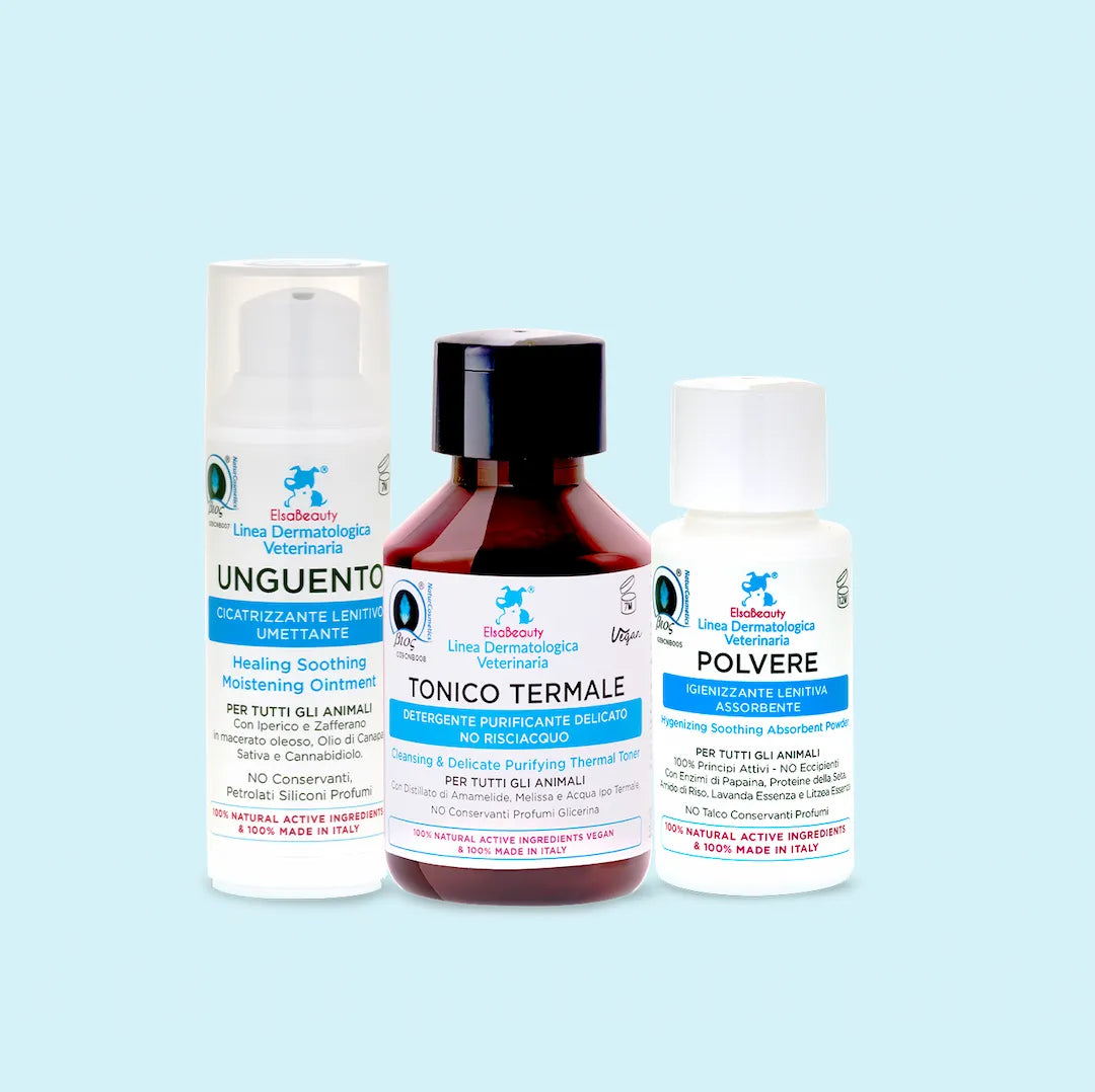 KIT PRURITO, ROSSORE, PELLE IRRITATA E SENSIBILE - tonico polvere unguento - ElsaBeauty prodotti per cane e gatto