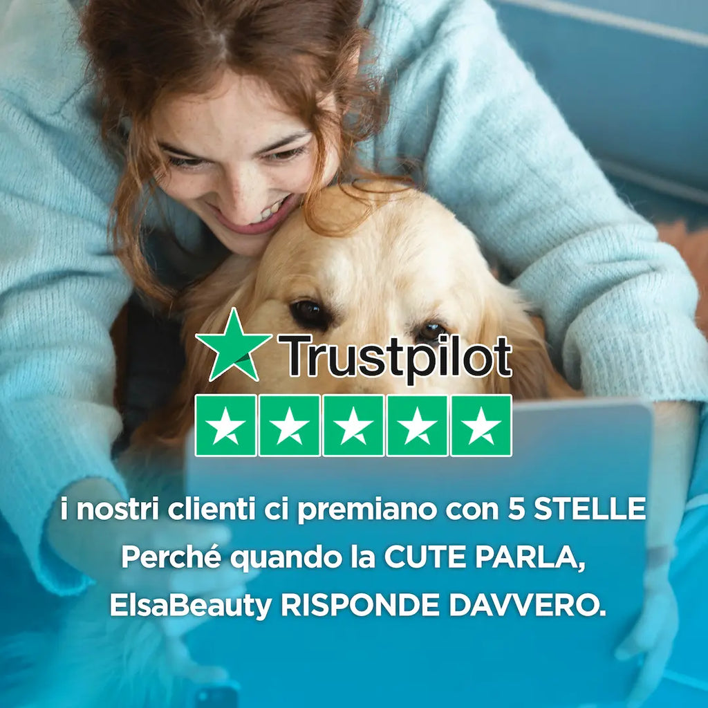 Recensioni Trustpilot prodotti ElsaBeauty per lenire e prevenire malassezia, dermatite, otite, infezioni e problemi della pelle di cane, gatto e animali domestici